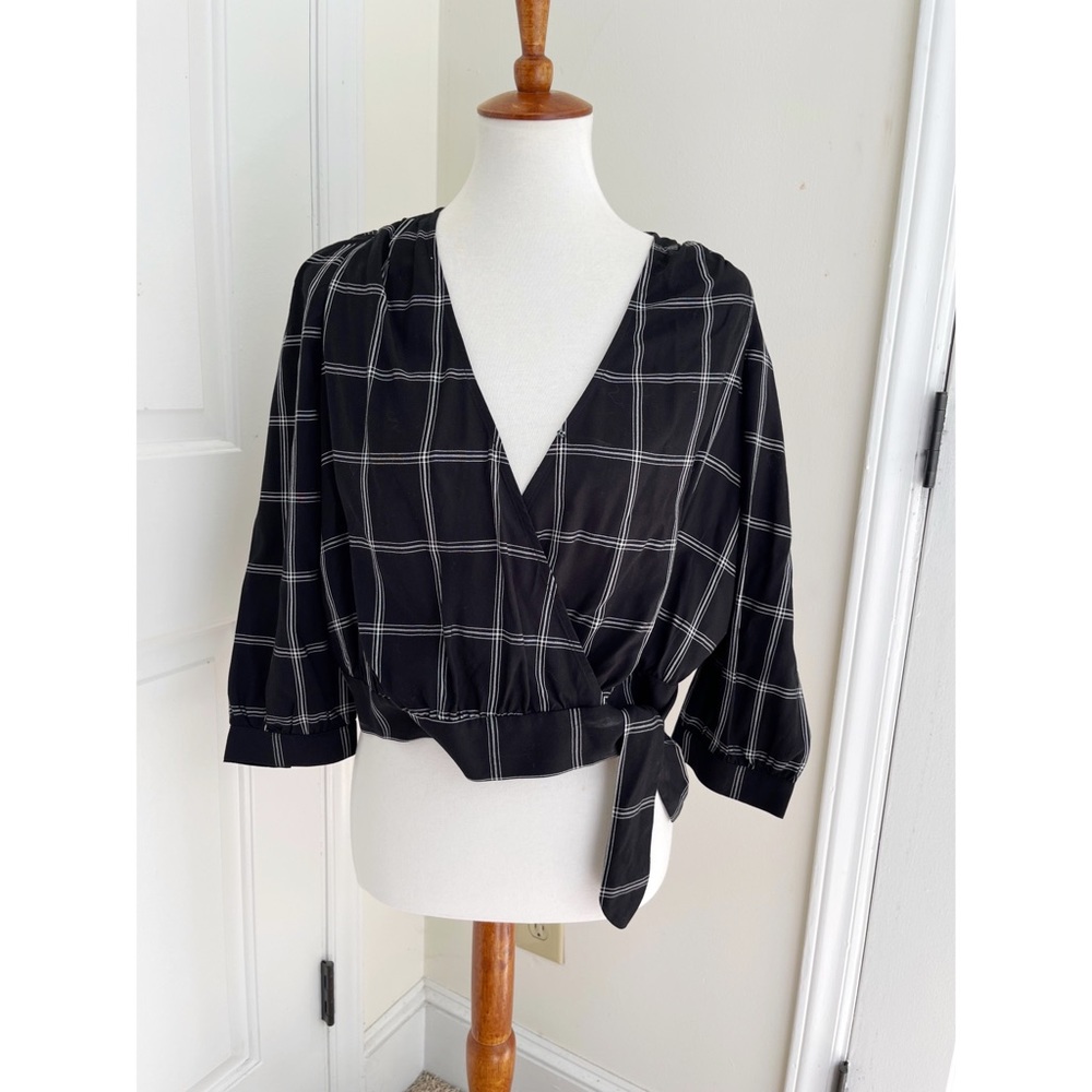 Madewell Windowpane Black & White Wrap Top Size Small